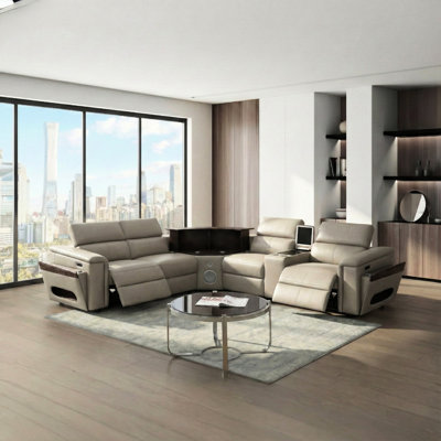 Canapé modulaire avec 2 consoles de lecture + réfrigérateur, barre de divertissement, haut-parleurs et commandes, alimentation électrique, appuis-tête réglables manuellement, coussin de recharge sans fil, ports, console de congélateur optionnelle blanche 1,