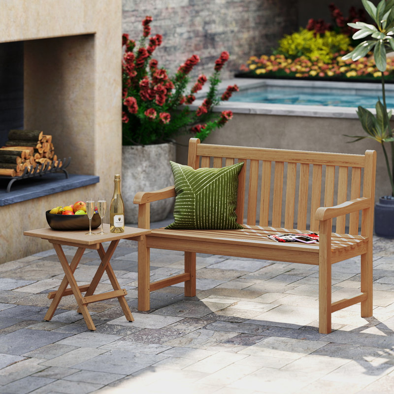 Grade A Teak Outdoor Garden Bench and Folding Side Table Set, 47" Solid Wood 2-Piece Patio Furniture Set, Weather Resistant 2-Person Seater for Porch & Backyard, 800lbs Capacity