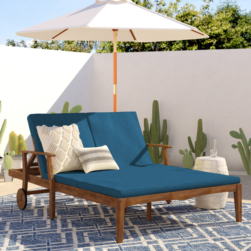 Reisterstown 79.25" Long Reclining Acacia Double Chaise with Cushions, Blue