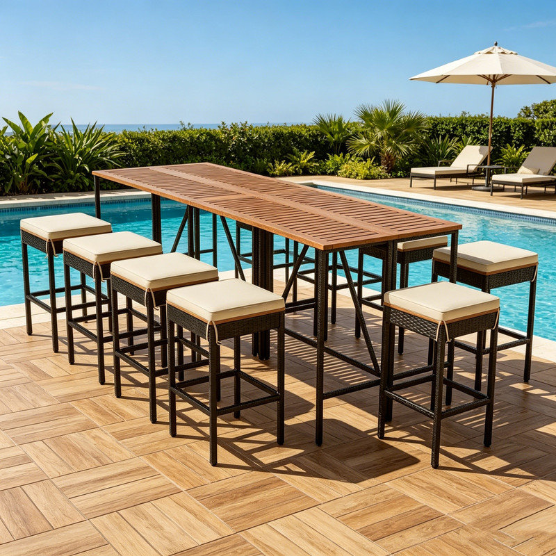 Table de bar d'extérieur en bois d'acacia 10 pièces et huit tabourets avec coussins, plateau de table pliable, meubles de patio toutes saisons, brun