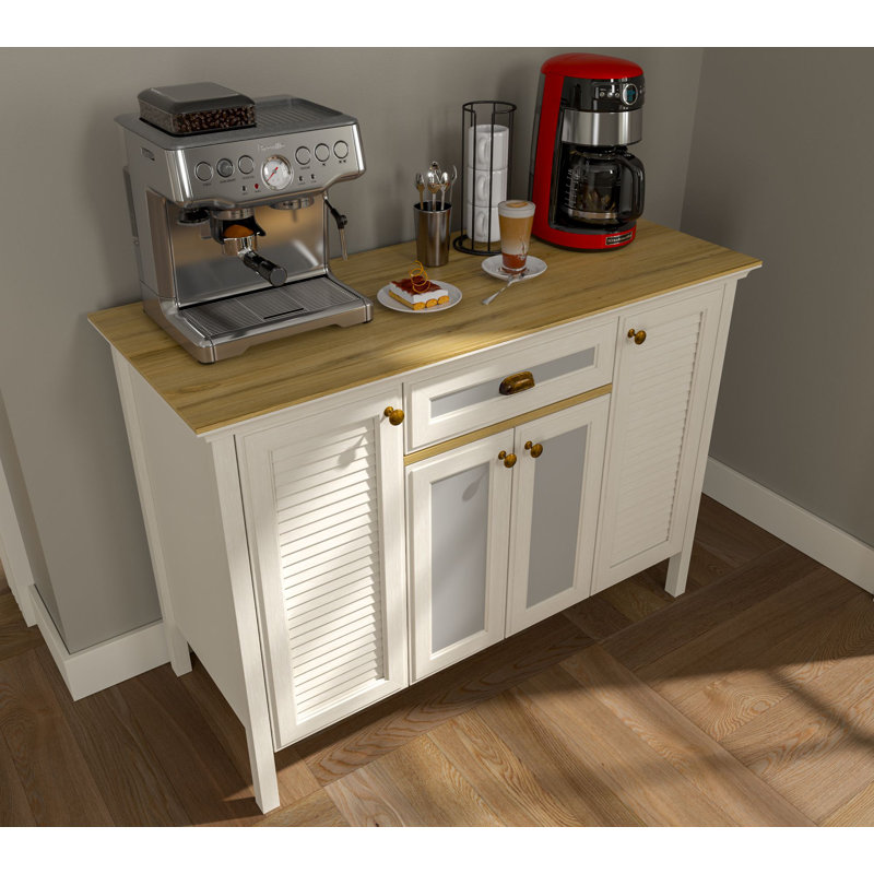 Armoire à café avec portes et tablettes en panneau de fibres à densité moyenne - l 49 po x H 35 po x P 21 po - crème / chêne / gris
