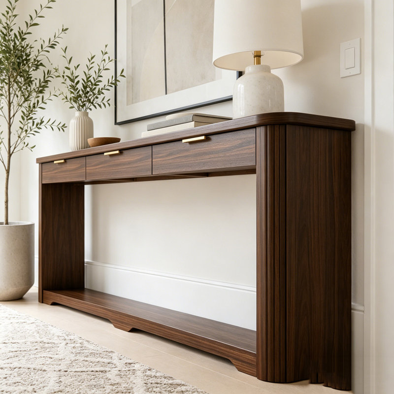 70.1" Wavy-Patterned Storage  Console Table,Sofa Table, Walnut