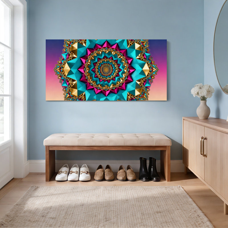 Ensemble d'une toile tendue sur châssis, motif mandala géométrique abstrait, H 12 po x l 36 po