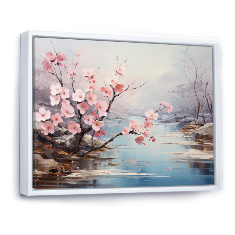Japan Cherry Blossom Serenity I - Japanese Canvas Art Print, Cadre flottant blanc, 34" H x 44" W