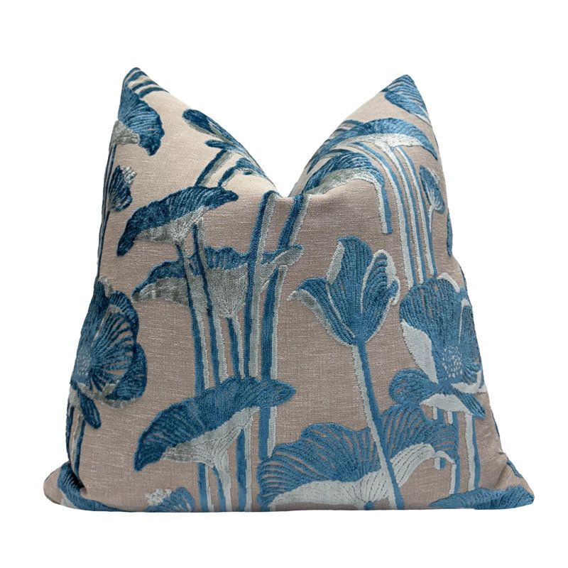 Housse de coussin en velours floral, Sarcelle, 22 x 22 po