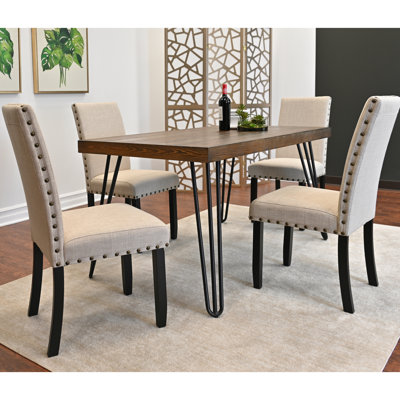 5 Dining: Fabric Upholstered Chairs With Hairpin Base Table, Dark Pine Dining Package: Rectangular Table 4 Chairs, Rustic