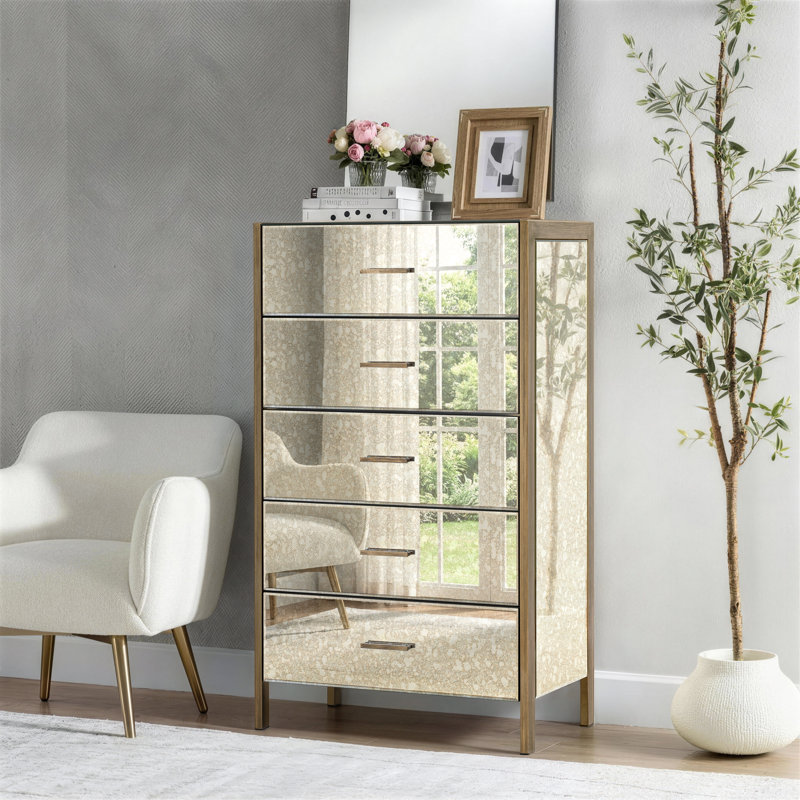 Commode haute 5 tiroirs avec miroir Antiqued