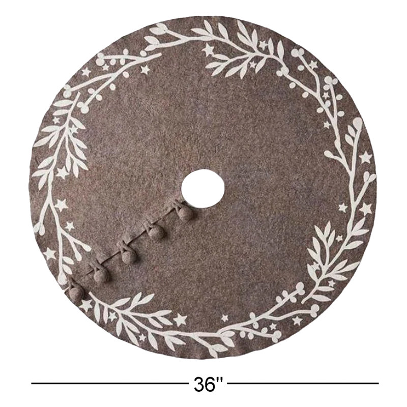 Handmade Christmas Tree Skirt in Felt - Branches and Stars on Gray, Gray, 72"