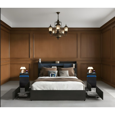 3-Piece Queen Bedroom Set with LED Lights,Charging Station and Drawers,1100lbs Weight Capacity