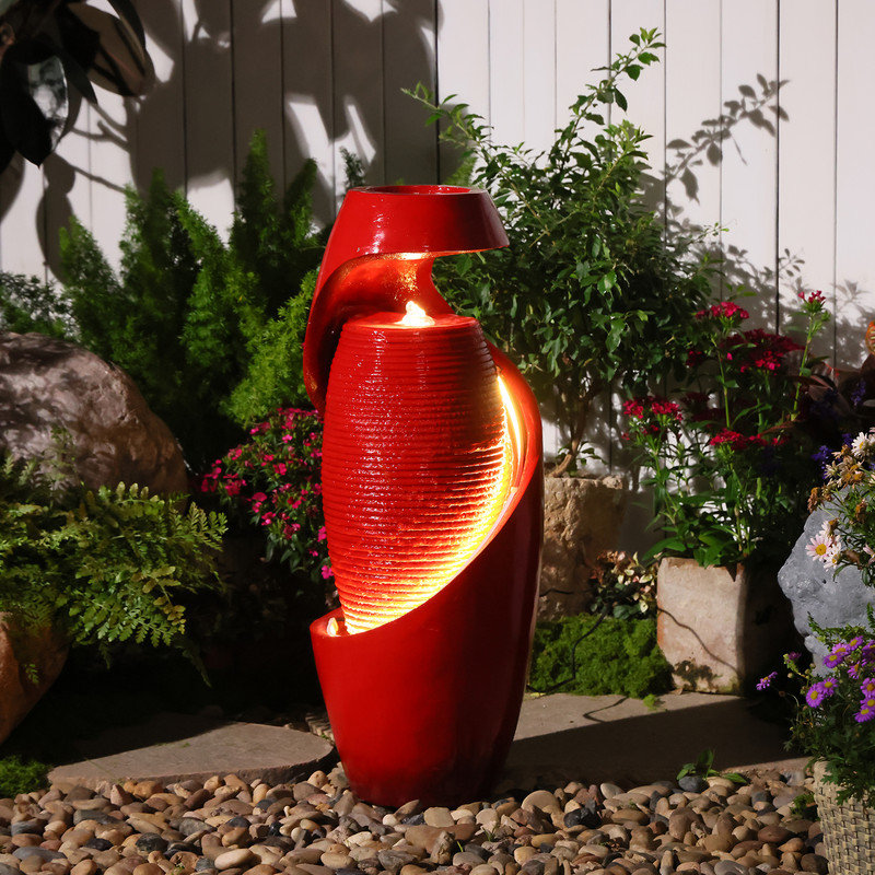 Modern Resin Cascading Water Fountain with LED Lights, 29.5" Tall Freestanding Water Feature for Living Room & Patio Decor