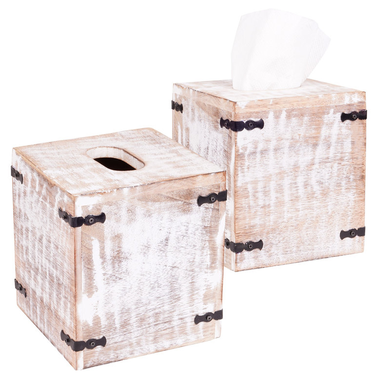 Rustic Burnt Mango Wood Square Tissue Holder – Handmade Farmhouse Tissue Box Covers, White