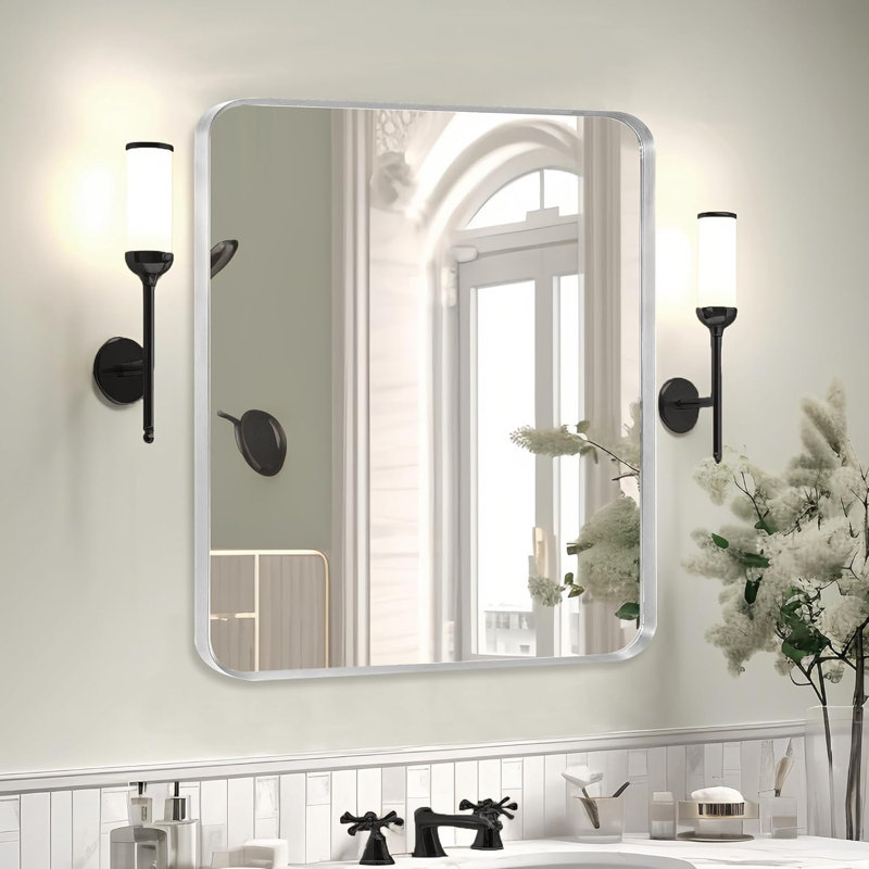 Miroir de salle de bain à cadre en métal argenté, miroir de meuble-lavabo de coin rectangulaire arrondi en nickel brossé, antirouille, verre trempé (30 po x 36 po, argent)