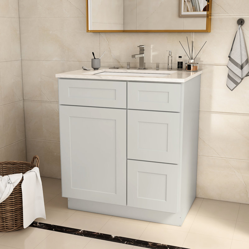 30 po L 34,5 po avec meuble-lavabo en contreplaqué gris - P 21 po avec porte à droite pour lavabo de salle de bain