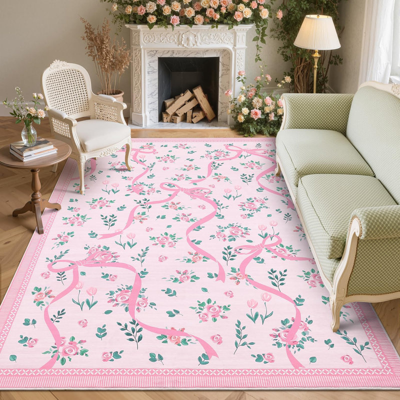 Tapis décoratif lavable, Rose, Rectangulaire 8 pi x 10 pi