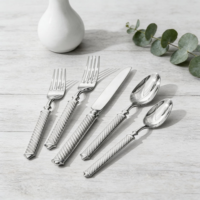 Ensemble de couverts 60 pièces à motif de corde rétro, poignées texturées à la main, acier inoxydable 18/10, lavable au lave-vaisselle, couverts durables pour les repas de tous les jours et les occasions spéciales