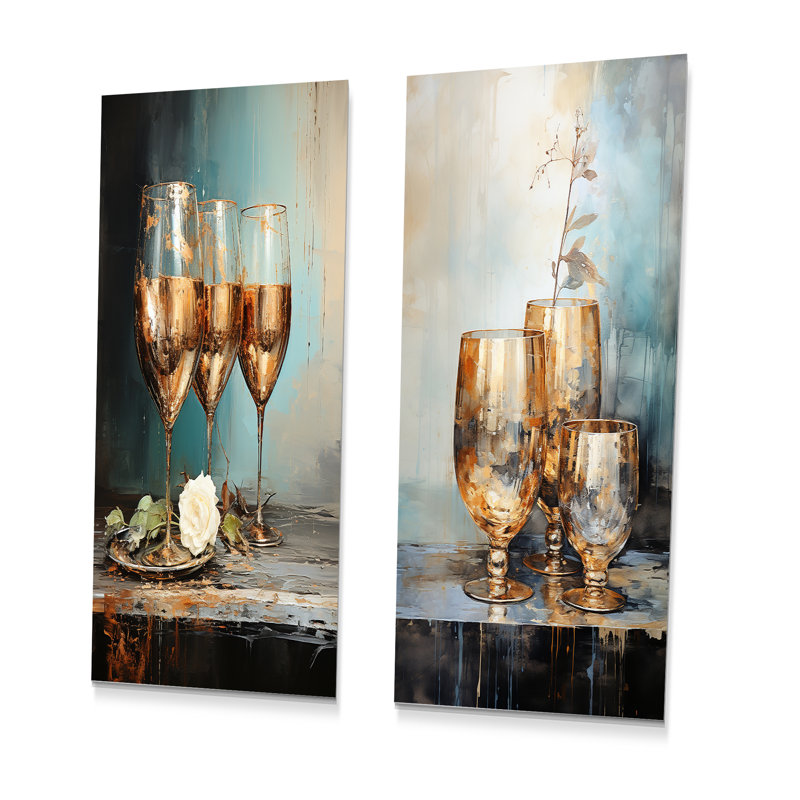 Ensemble de 2 verres à champagne beige et bleu sarcelle, H 32 po x l 32 po