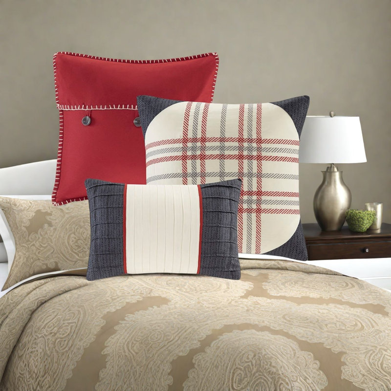 Ensemble de literie confortable pour très grand lit rouge, chevrons en polyester, style maison de campagne
