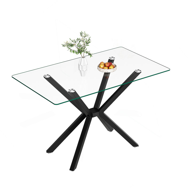 47.24" Rectangular Clear Tempered Glass Dining Table,Stylish Design With Black Metal Legs, Kitchen Table For Dining Room
