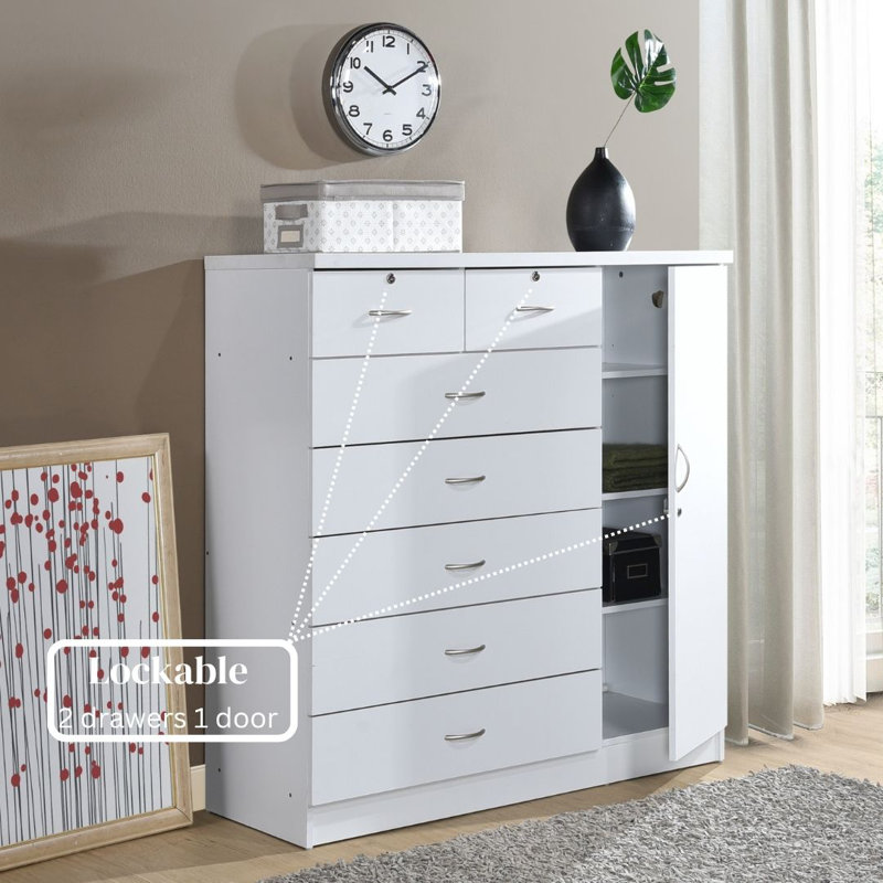 7-Drawer Dresser 47-inch Wide Wood Chest with 2-Locking Drawers, 1-Locking Door, 3-Shelves and Clothing Rod for Bedroom Storage