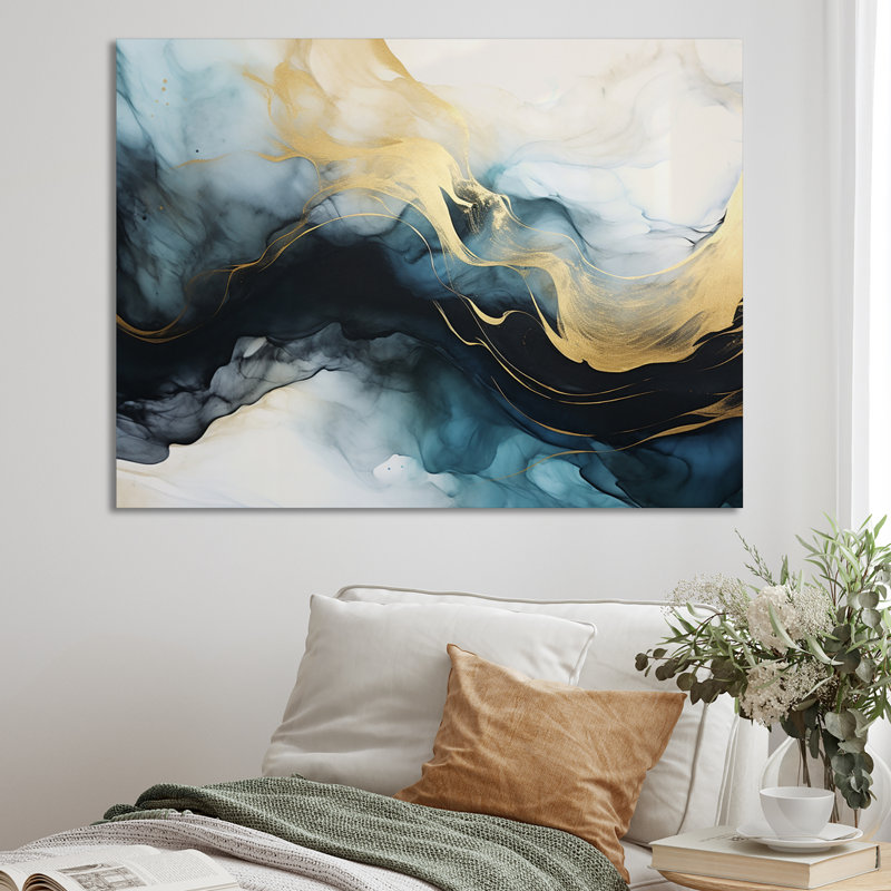 «Subtle Sensations Nova Blue and Gold Watercolor I», reproduction d'art sur toile, 34" H x 44" W, Toile tendue