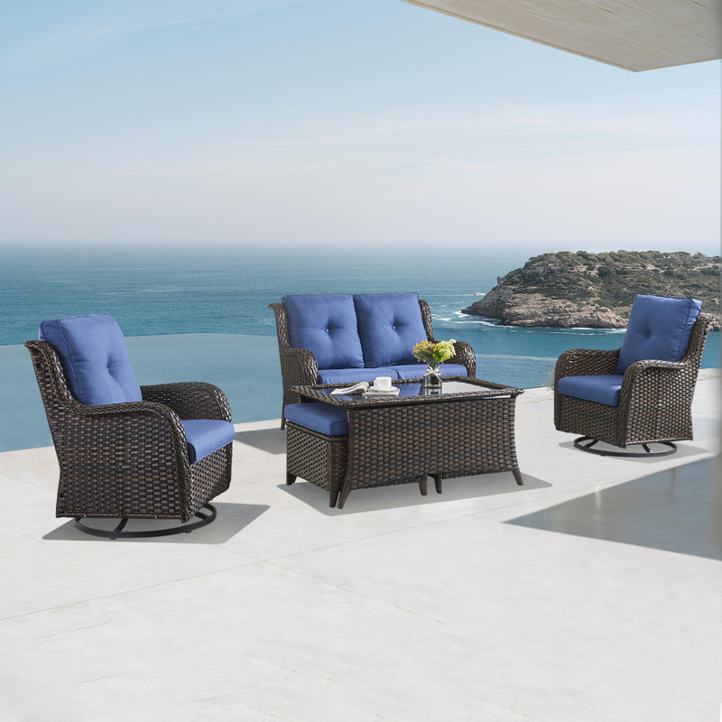 Ensemble de conversation pour 4 personnes avec coussins, Structure brune / coussin bleu