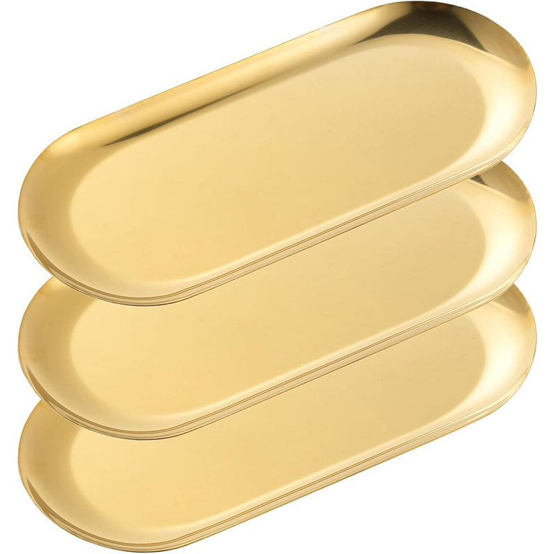 Gold Stainless Steel Decorative Trays, Oval Vanity Tray Set For Bathroom, Jewelry, Perfume, And Accessories