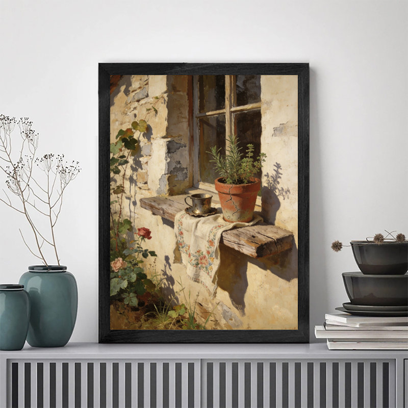 Art rétro encadré noir, vue par la fenêtre, H 17 po x l 13 po
