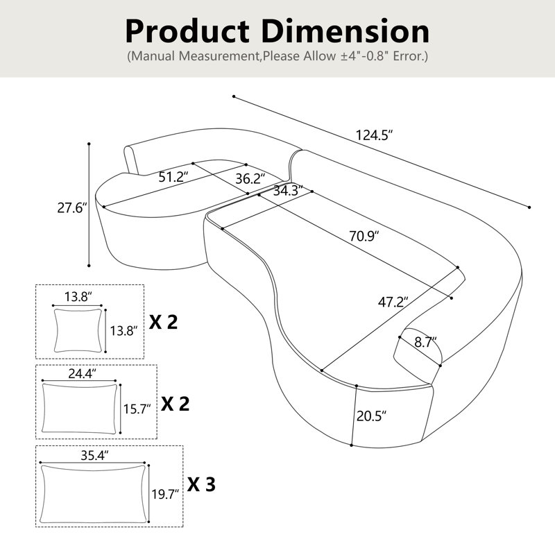 Canapé modulaire incurvé en forme de L de 124,5 po avec 7 coussins, Gris chenille