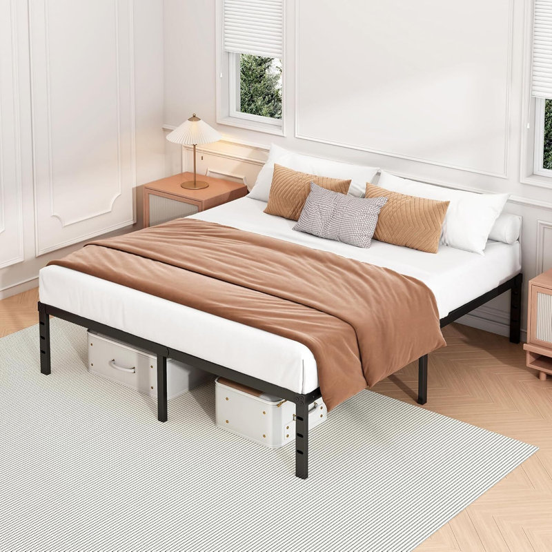 14 Inch Queen Size Metal Platform Bed Frame, Black, Heavy Duty Support, No Box Spring Needed, Underbed Storage Space, Easy Assembly