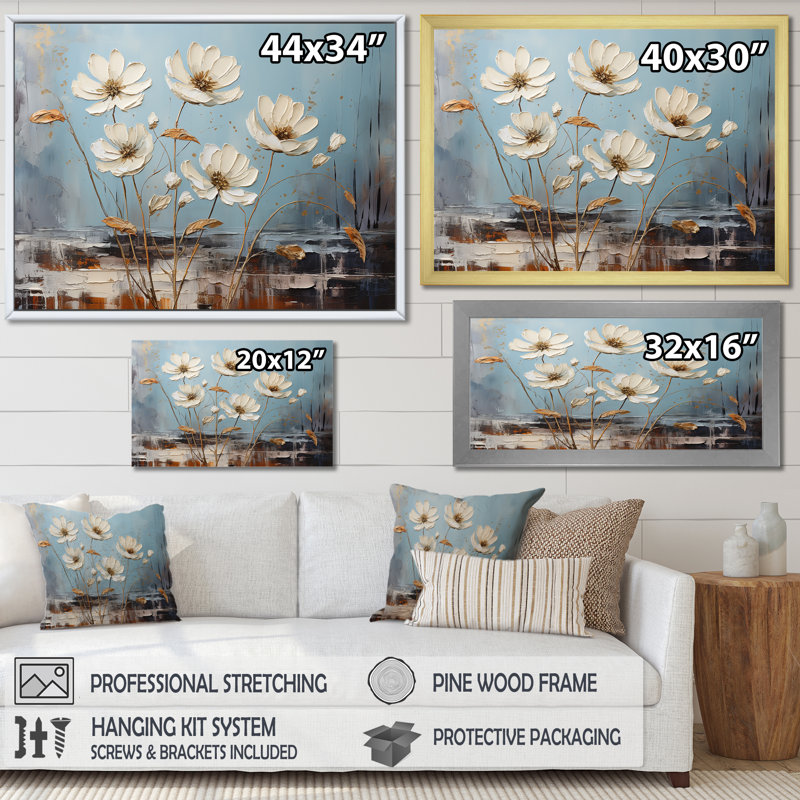 Marguerite blanche sur fond blanc, H 30 po x l 40 po x P 1,5 po, Toile tendue