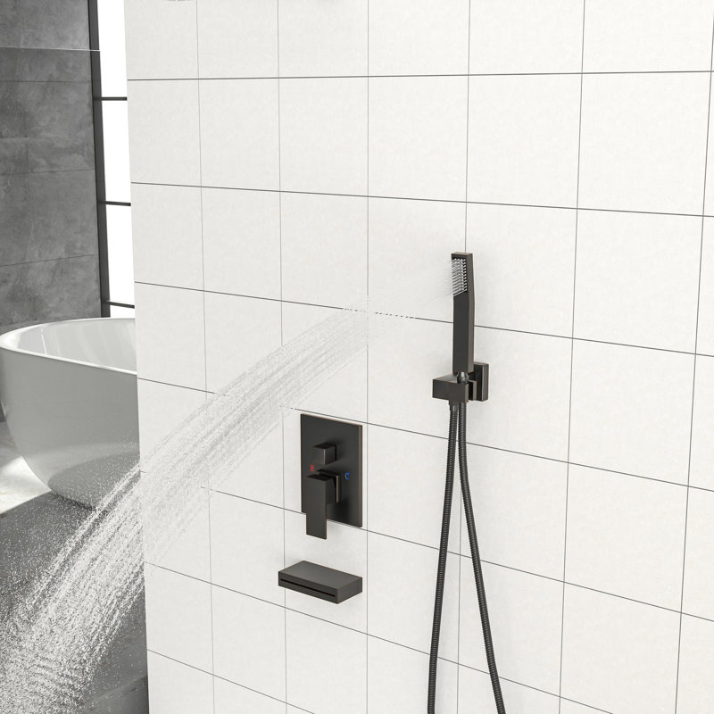 Wall Mounted Shower With Waterfall Tub Spout - 12" Square Rain Head, Handheld, Oil Rubber Bronze, -balanced, 12 Inch Valve
