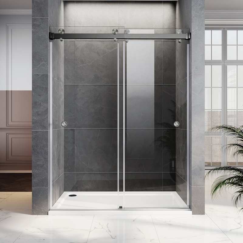 Royal 66 to 72 in. x 80 in. H Frameless  Double Sliding Shower Door with Two Finger Pulls in Space Gray and 3/8 in. (10mm) Clear Glass
