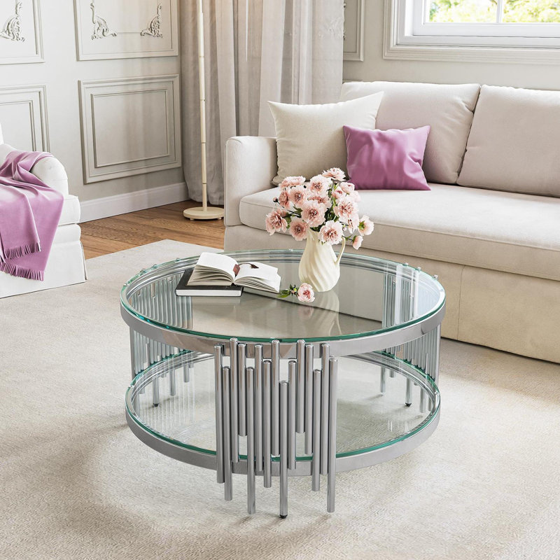 Bordeaux 35.43" Two-Layer Mirror Glass Top Single Coffee Table, Clear Top/Silver Base