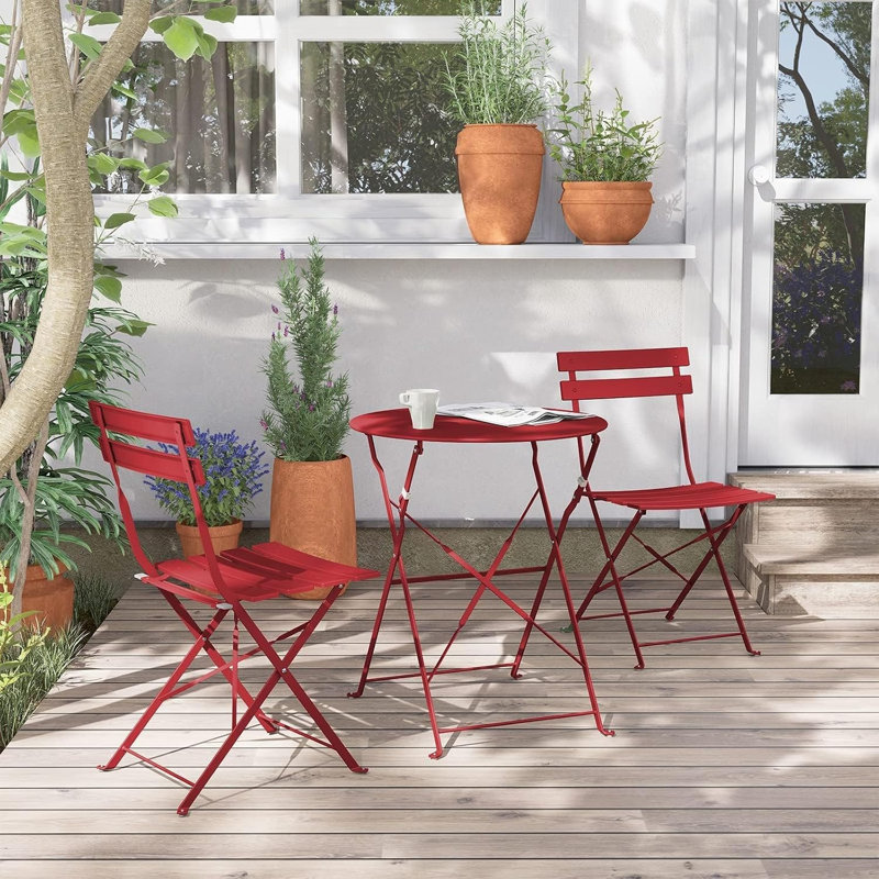Ensemble bistro 3 pièces en acier pliable, table de patio résistante aux intempéries et 2 chaises pour balcon, jardin, cour, bord de piscine et intérieur
