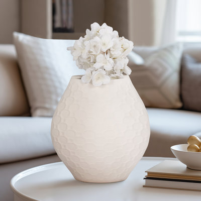Ribbed Sculptural Stoneware Porcelain Flower Vase for Kitchen Island - Home Decor Tall Design for Table Placement on Dining Table - Ivory & Tan