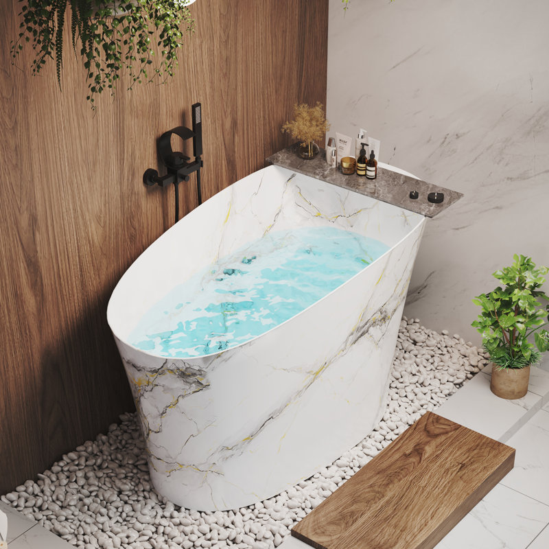CASAINC 51" Solid Surface Freestanding Soaking Bathtub With Wooden Pattern