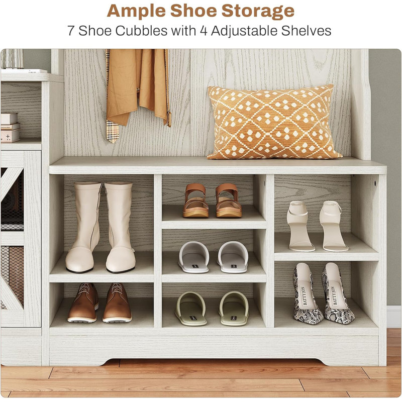 Embossed White Hall Tree with Bench and Storage Shelves