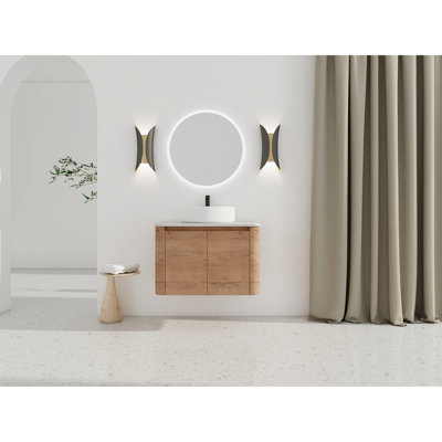 30'' Wall - Mounted Bathroom Vanity With Ceramic Art Sink, 45 Hidden Handles, And Water Plywood Finish Modern Stylish Sink Design, Soft Closing Mechanism, Structure