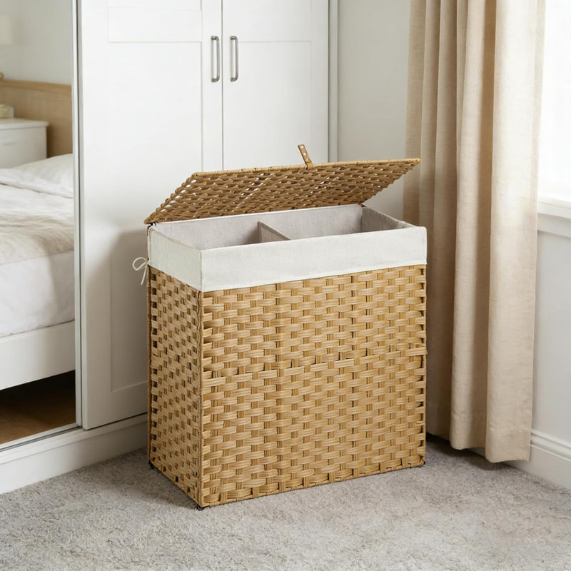 Panier à linge en osier avec couvercle, panier à linge pliable à 2 sections de 130 L (34 Gal) avec doublure amovible et poignées lavables à la machine, panier à linge en rotin jaune pour l'organisation et le rangement