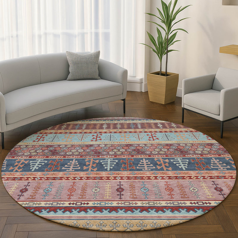 Premium Machine Washable Mayfield AMF2160 Striped Rug, Red, Round 8'