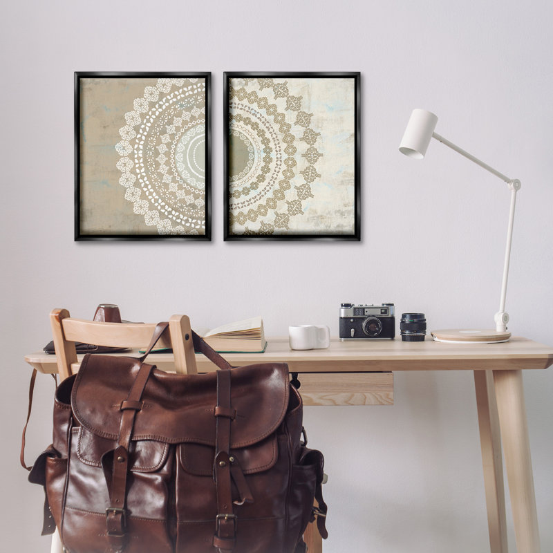 Rustic Mandala Boho Pattern 2 Piece Black Framed Floater Canvas Set by Flora Kouta, Jet Black Floater Frame, 21" H x 17" W