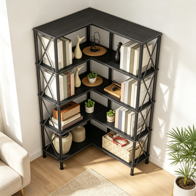 Étagère d'angle en forme de L, bibliothèque industrielle ouverte, étagère de rangement haute, étagère verticale pour salon ou bureau à domicile