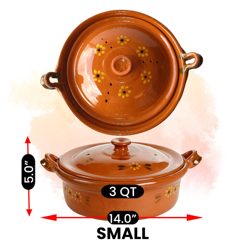 Ancient Cookware, Mexican Clay Flat Cazuela Pot, Large, 6 Quarts, 6 Qt.