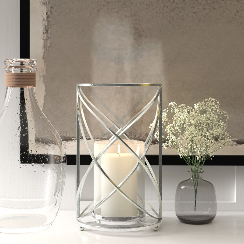 Geometric Metal Hurricane with Glass Insert, 10" H x 6" W x 6" D, Silver