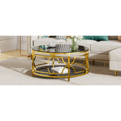 Round Tempered Glass Coffee Table In 30.7",Luxurious Geometric Metal Frame,Gold Finish & Lower Shelf, Black