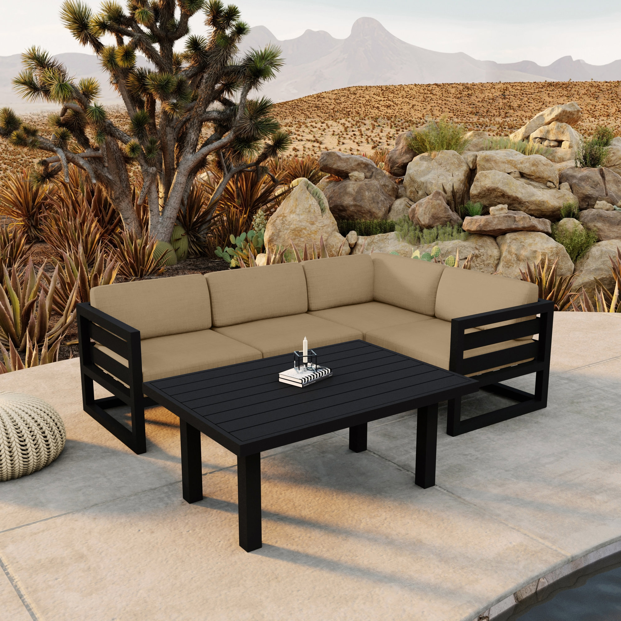 Smith 5 Piece Sectional Seating Group with Sunbrella® Cushions, Heather Beige, Black