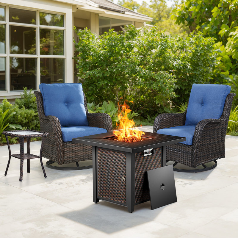 Wendye 4-Piece Outdoor Fire Pit Set With 2 Swivel Chairs & Side Table For Patio, Deck, Garden, Blue