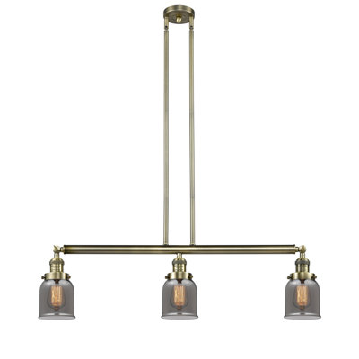 Bell - 3 Light 38" Stem Hung Island Light - Incandescent Bulb - Antique Brass Finish - Light Smoke Shade