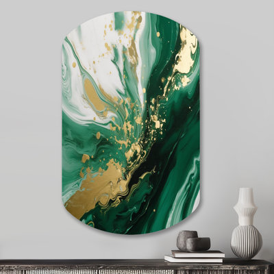 Green and Gold Serene Cascade III - Abstract Asymmetrical Metal Wall Decor, Modern Cylinder Metal Art Print