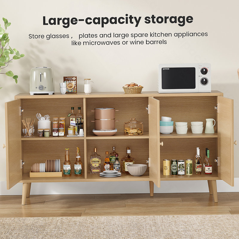 Sideboard Buffet Cabinet With 3 Rattan Doors, Kitchen Storage Cabinet For Entryway Living Room, Natural